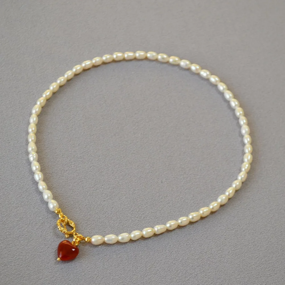 

Korean Ins Fashion Simple and Elegant Pearl Choker Light Luxury Classic Retro Red Agate Love OT Buckle Necklace Clavicle Chain