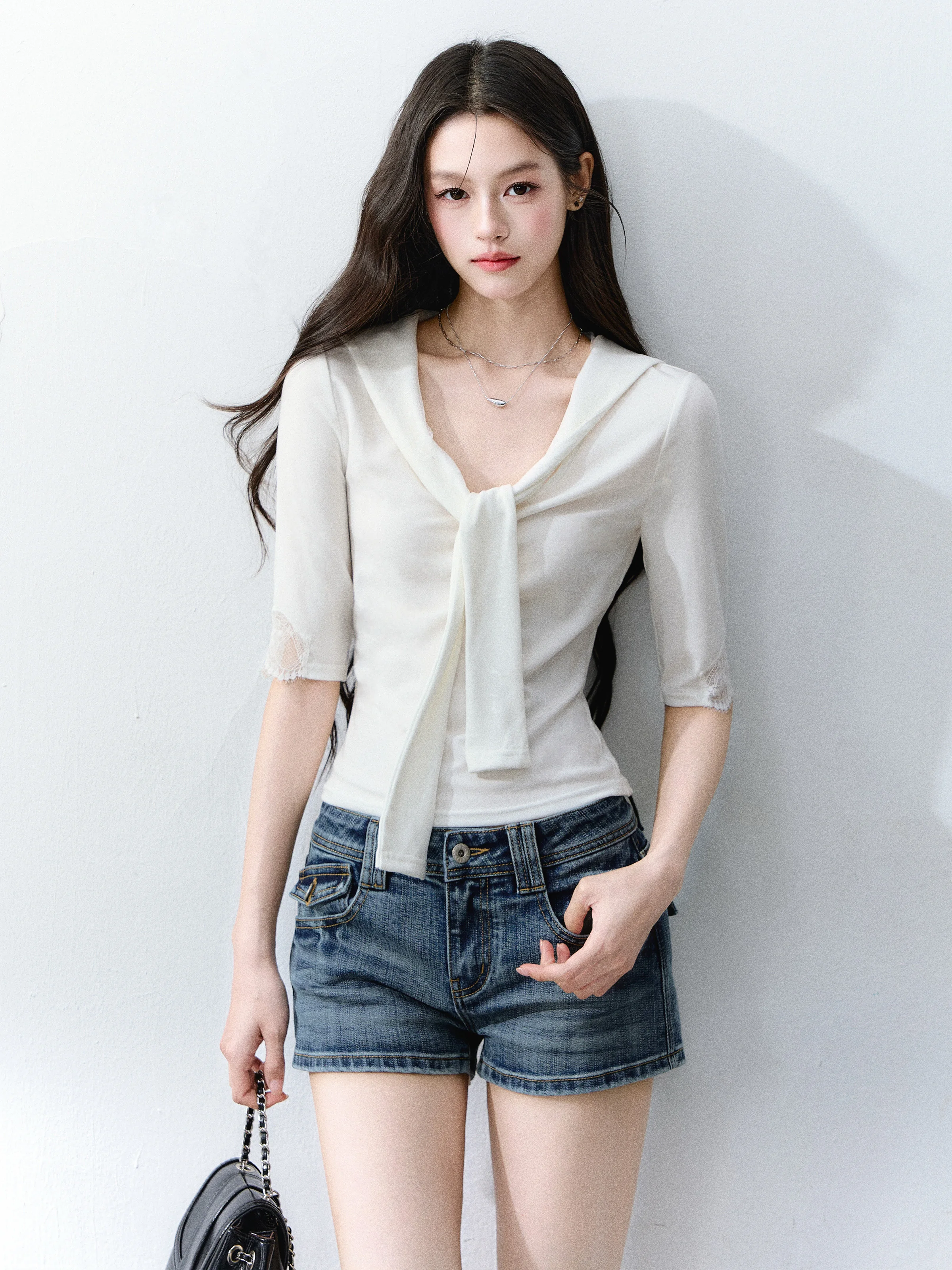Fragile Heart Sweet Lace Tie Waist Slimming T-Shirt Glass Sugar Korean Style Bittergourd Shaped Top Soft Comfortable Summer Tee