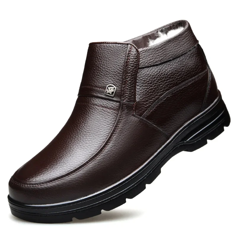 New in Men's Genuine Leather Boots Winter Snow Shoes Wool Inner Anti slip Father Ankle Boots Waterproof Warm Man Cotton Boot - Image 5