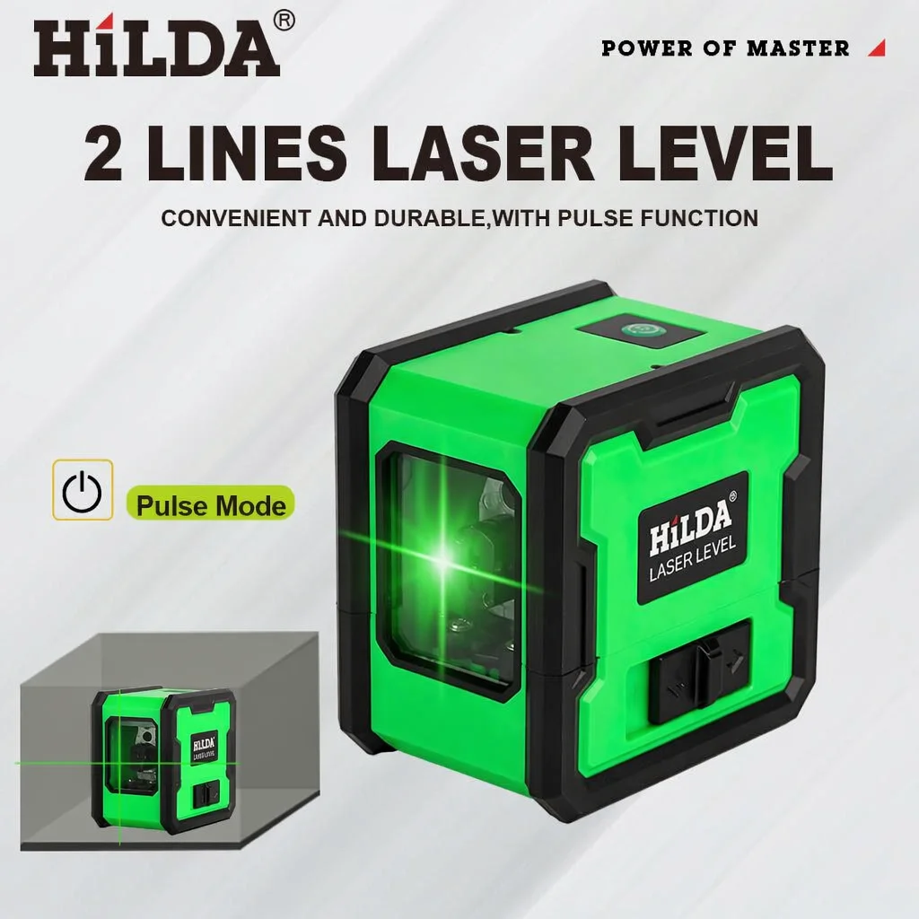 HILDA 2 Lines Green Laser Level with Built-in Back Magnet Self-Leveling Horizontal Vertical Cross Line Laser Level 360° Rotatable Wall Mount Laser Measuring Tool for Construction Decoration