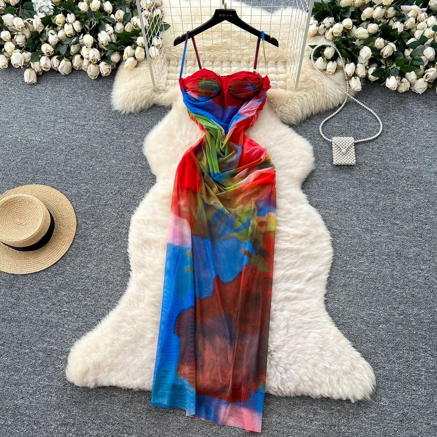 

Сексуальное облегающее платье на тонких бретелях для девушек, летнее пляжное разноцветное длинное платье из эластичной сетки, универсальное женское платье