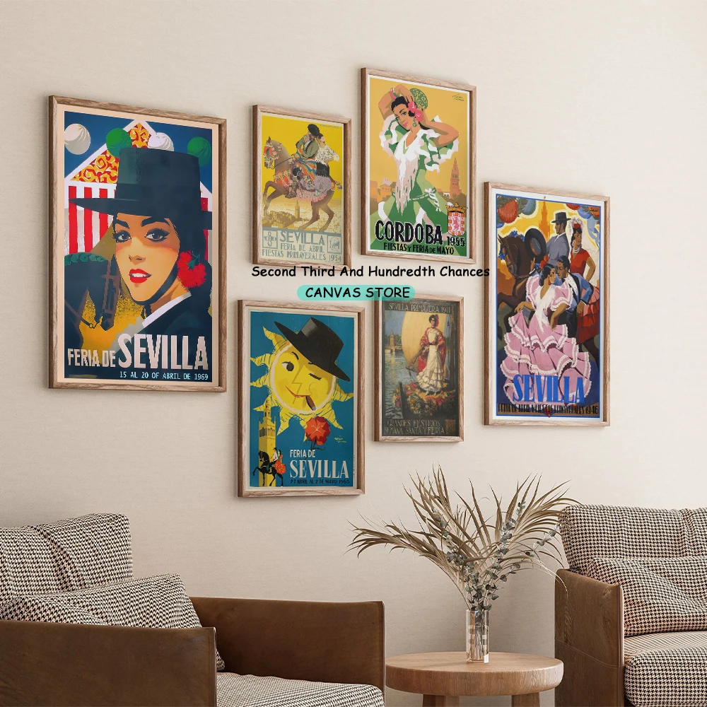 ملصق فني قديم من Grand Feria ، طباعة على قماش الكانفاس ، ديكور جداري للسفر ، حفلات غراندز ، Feria De Sevilla