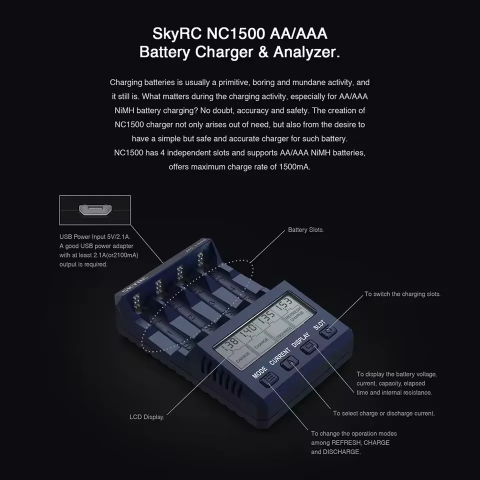 SKYRC NC1500 4-Slot Smart Battery Charger Discharger & Analyzer for AA/AAA Ni-MH Battery