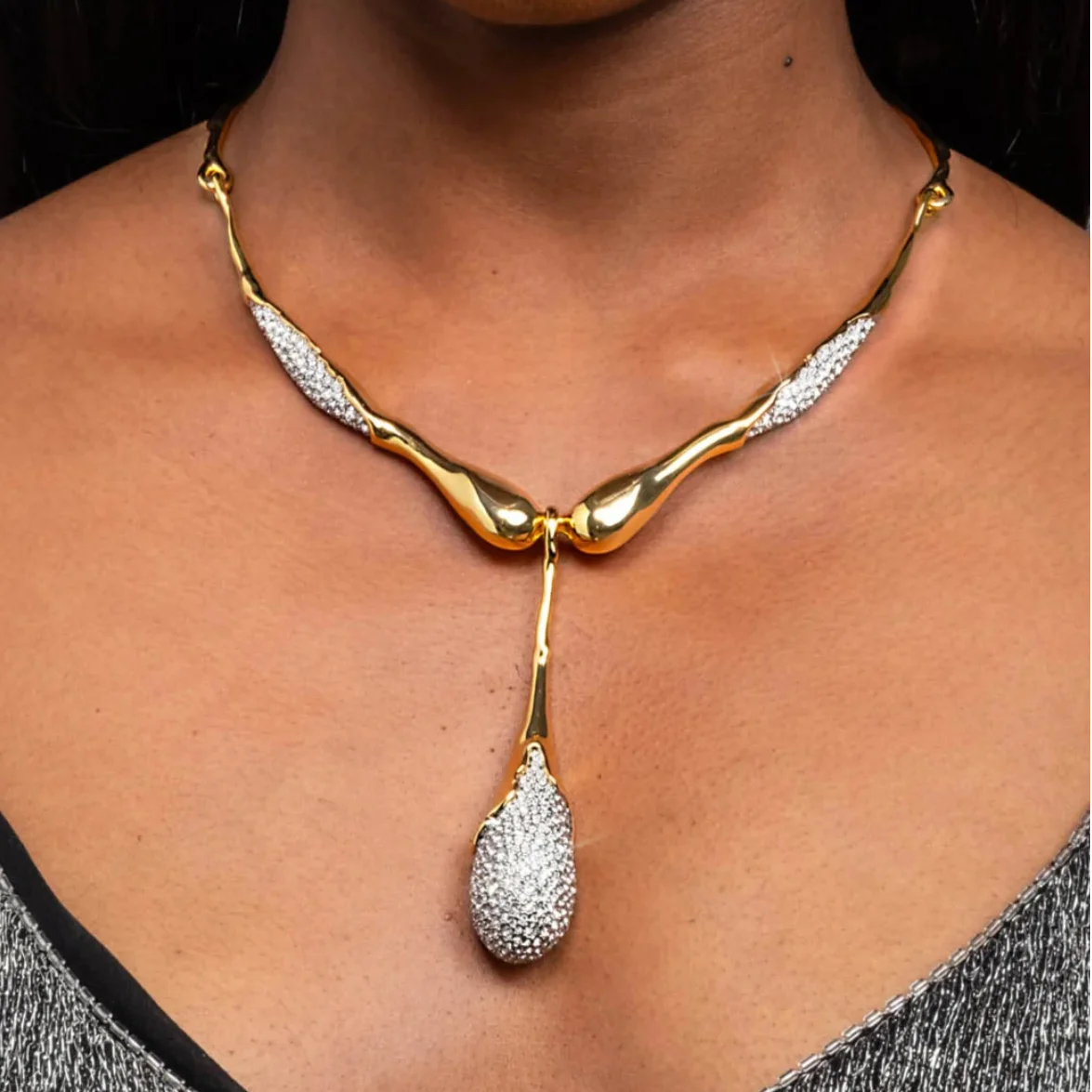 SENYU Jewelry Luxurious Gold Plated Irregular Collar Waterdrop Pendant Choker Necklace Fashion Rhinestone Women Parties Jewelry