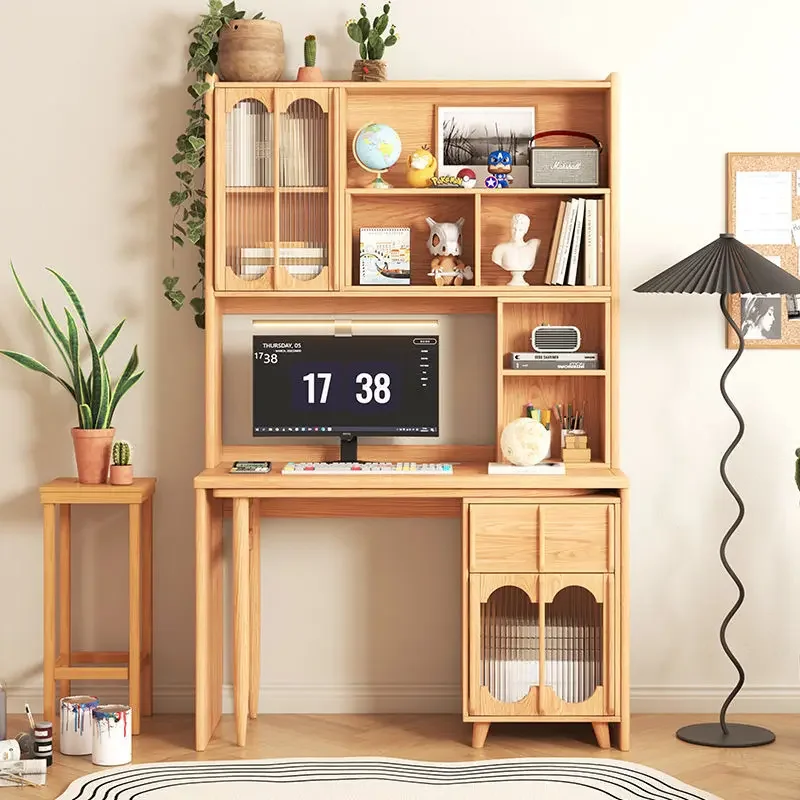 Solid wood desk bookshelf bookcase integrated folding corner combination children's study table computer writing desk