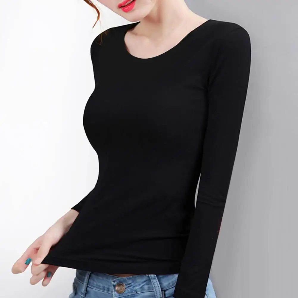 Breathable Top Velvet Lined Women's Thermal Tops Round Neck Long Sleeve Slim Fit Tee Shirt for Winter Warmth