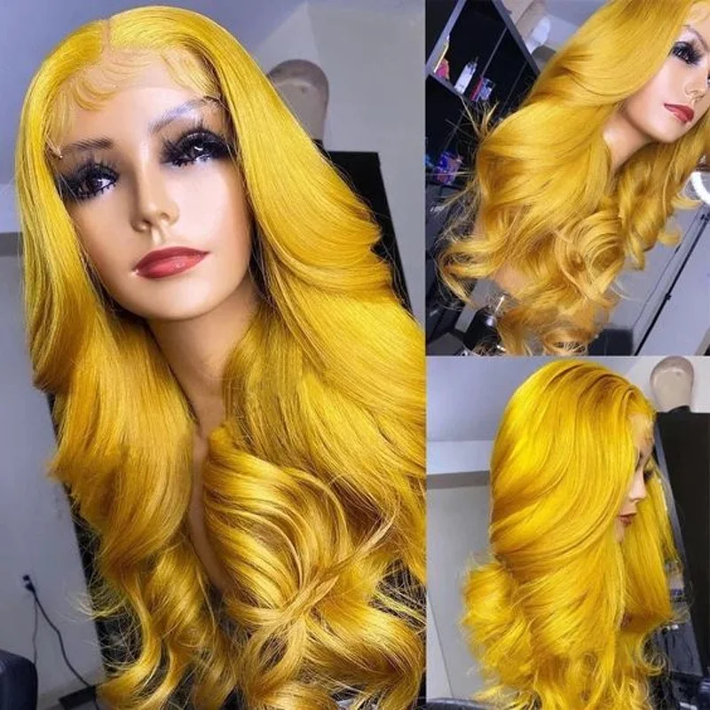 Yellow Color Soft 26Inch Long Body Wave Glueless 180% Density Deep Lace Front Wig For Women Babyhair Preplucked Daily Cosplay