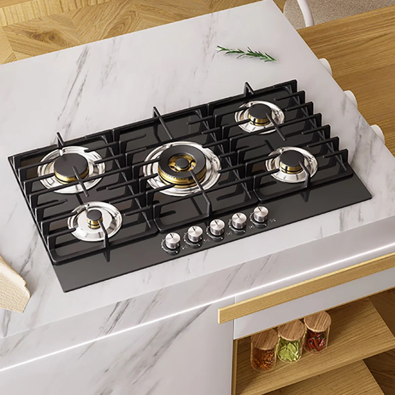 Stufa a gas incorporata di fascia alta da 880 mm, GPL/NG con blocco di sicurezza per bambini e protezione antincendio, vetro temperato per cucina domestica