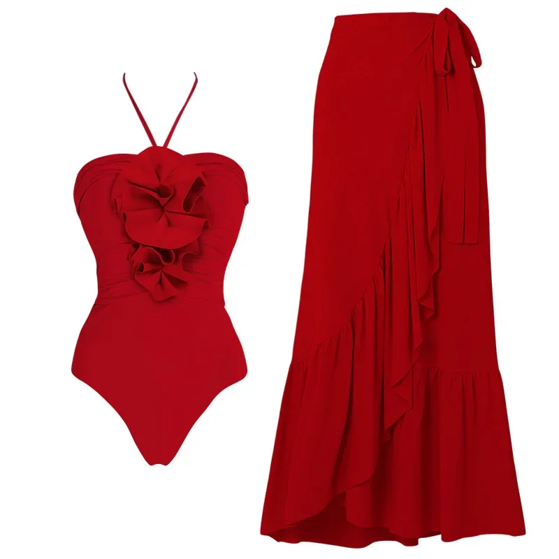 3D Flower Red Ruffle High Waist Bathing Suit Halter Dress Beach Skirt Brazilian Biquini Swimwear Women Summer Bikini Set