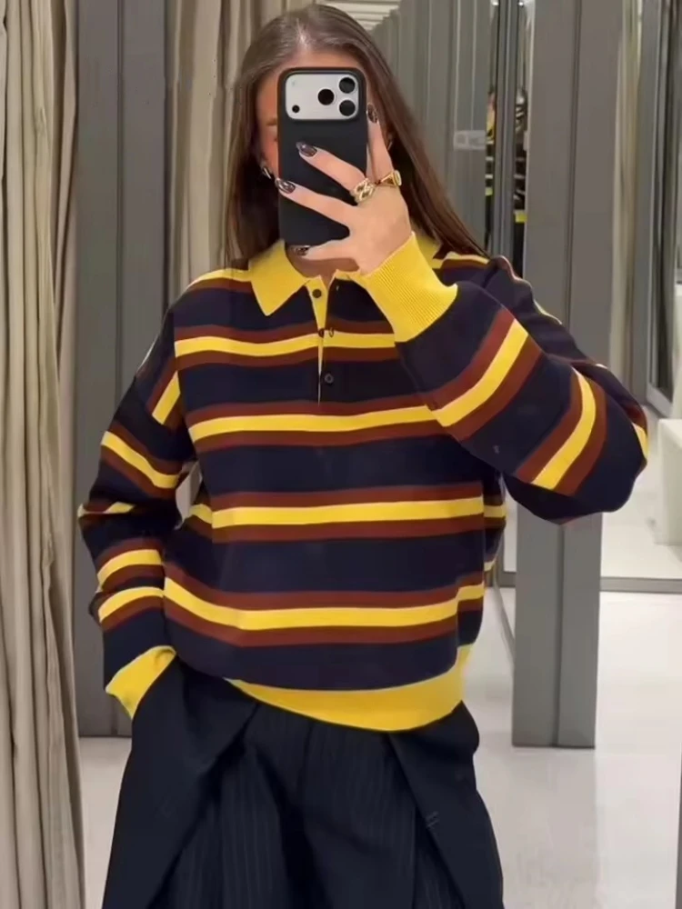 

Winter New Striped Knitted Women Sweaters Fashion Polo Collar Long Sleeve Loose Pullover Tops Female Casual Patchwork Knitwear