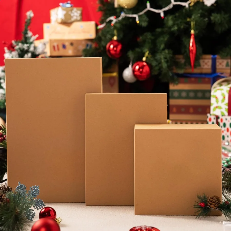 12PCS Brown Kraft Cardboard Gift Boxes with Lids for Presents 4" Deep Large Shirt Robe Wrapping Boxes for Christmas Holiday 4 D