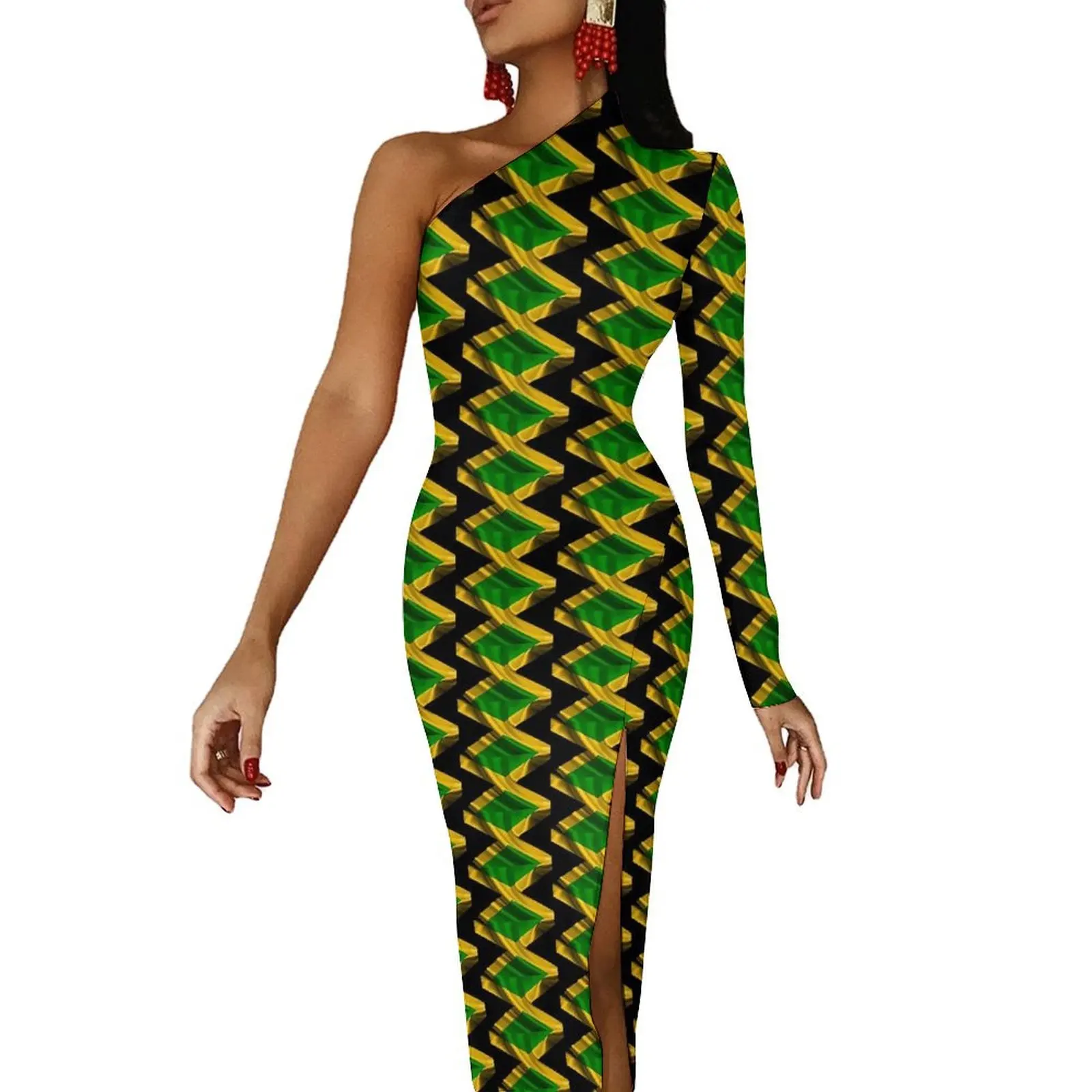 Jamaica Flag Bodycon Dress Summer Love Jamaica Modern Side Split Long Dresses Long Sleeve Design Street Wear Dress