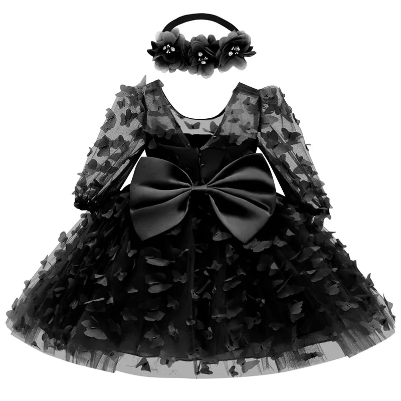 Vestido de manga media para bebé y niño pequeño, diseño de flores tridimensionales, vestido de princesa esponjoso de malla, vestido formal para niños