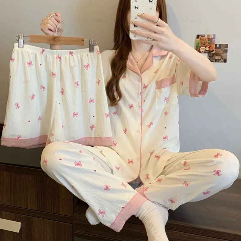 Girl-Style Cloud Cotton Summer Pajamas for Women, Sweet Bow Short Sleeve Fashion Homewear Three-Piece Set, Real Photos