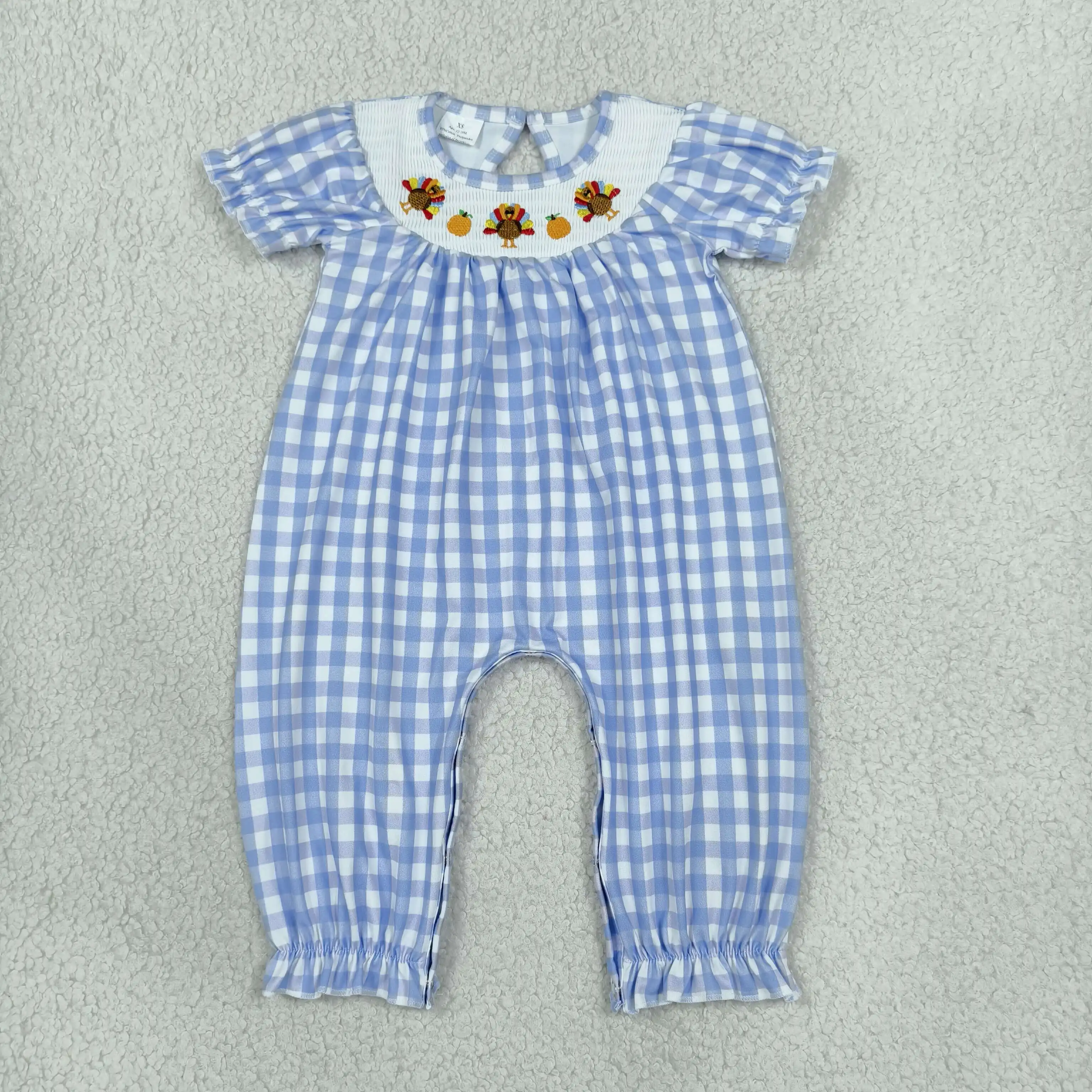 Wholesale Children Girls Blue Plaid Romper Baby Girl Embroidery turkey Pumpkins Thanksgiving Kids Toddler Newborn Bodysuit