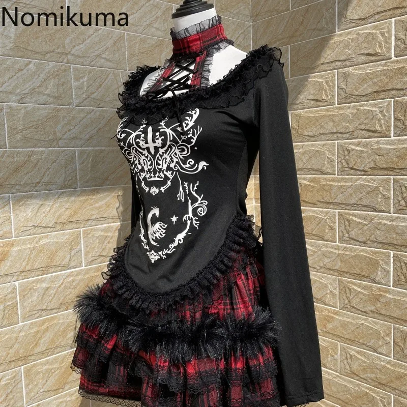 Japanese Gothic Woman Tshirts Y2k Tops Slim Waist Bandage Tees Patchwork Lace Print Long Sleeve Black T Shirt 2024 Ropa Mujer