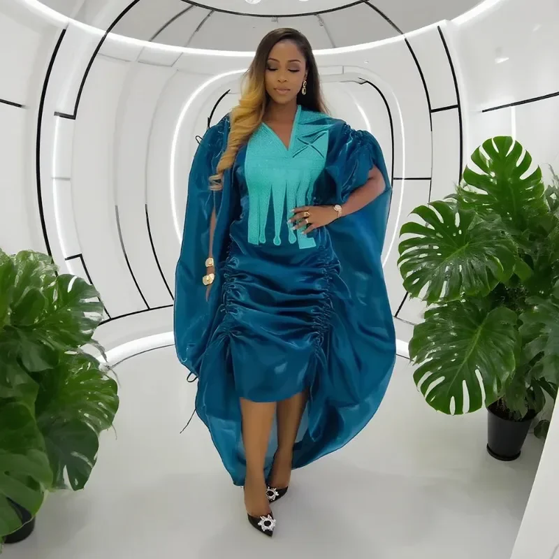 

African Women Plus Size Clothes New Arrival V-Neck Batwing Sleeve Embroidered Ruched Irregular Dress Wedding Gown Bubu Robe