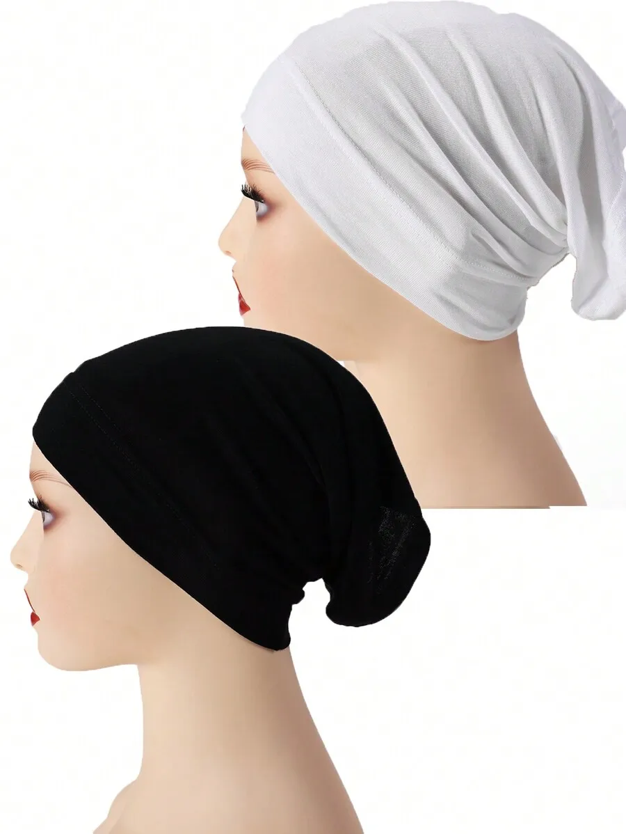 

2pcs Women Solid Color Tube Hijab Caps Basic Underscarf For Beach Holiday Travel