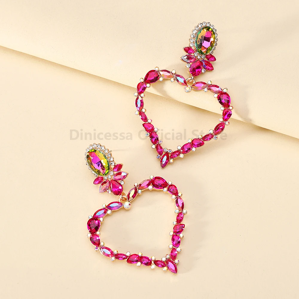 Korean Fashion Jewelry Shining Colorful Glass Hollow Heart Dangle Drop Earrings For Women Classic Vintage Statement Accessories