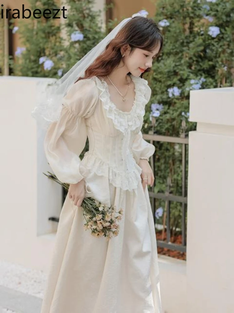 

French Retro Court Fishbone Robe Spring New Small Elegant Super Good-looking Waist Slimming Beautiful Long White Dress Women