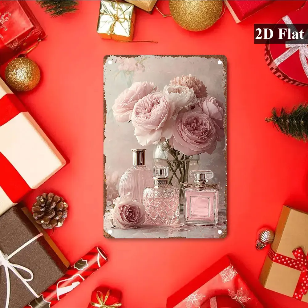 1pc Vintage Pink Perfume Bottles And Roses Metal Wall Art - a Sophisticated Floral Still Life Featuring Pink Roses And Perfume