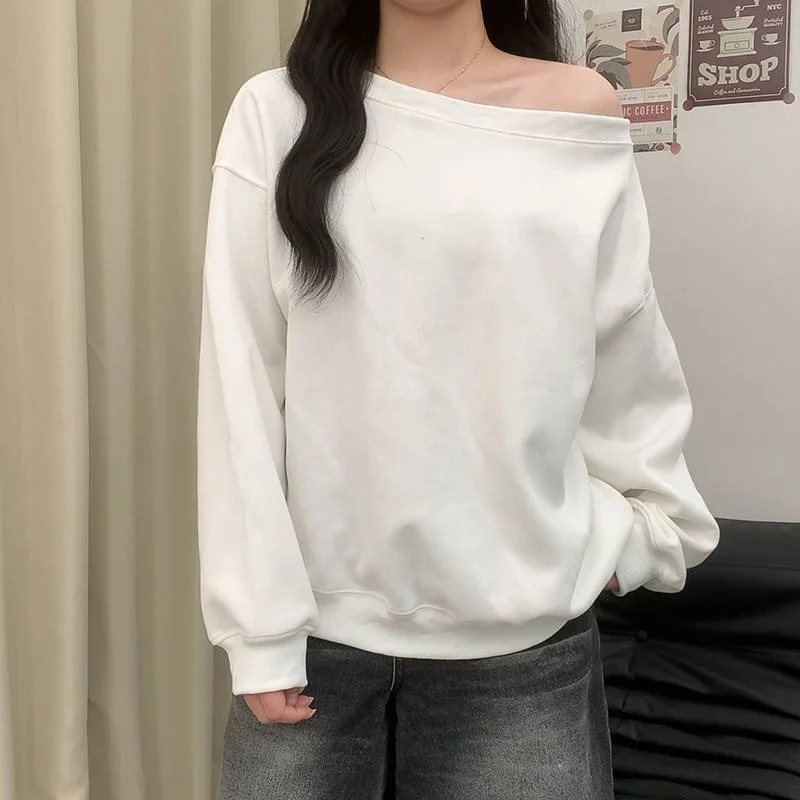 Classic Retro Sloping Shoulder Gray Hoodie Off Shoulder New Spring  Autumn High-end Loose Long Sleeved Lazy Casual Simple Top