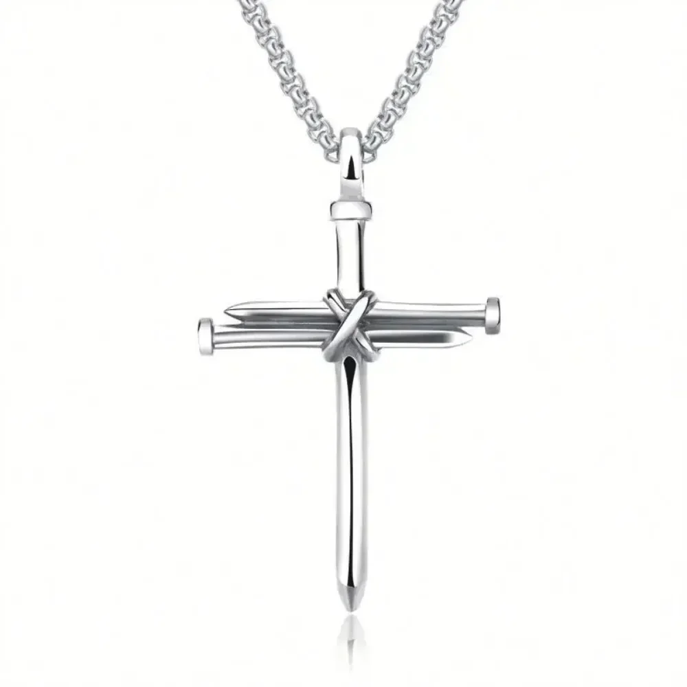 Mens Black Stainless Steel Necklace Nail Cross Pendant-Chain Necklace Christian Church Baptism Gift for Men Wholesale