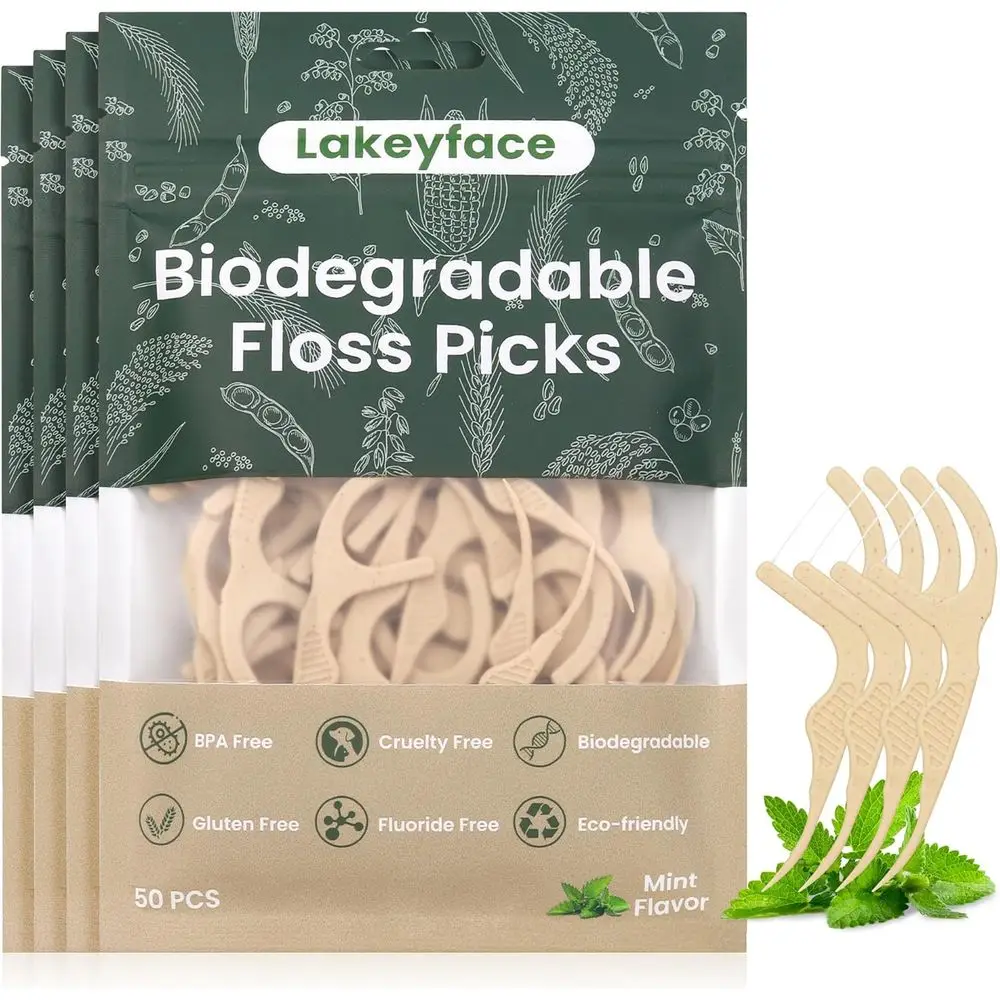 

200 Pack Biodegradable Plant-Based Dental Picks for Adults, Wide-Handled, Vegan, BPA-Free, Mint Flavored