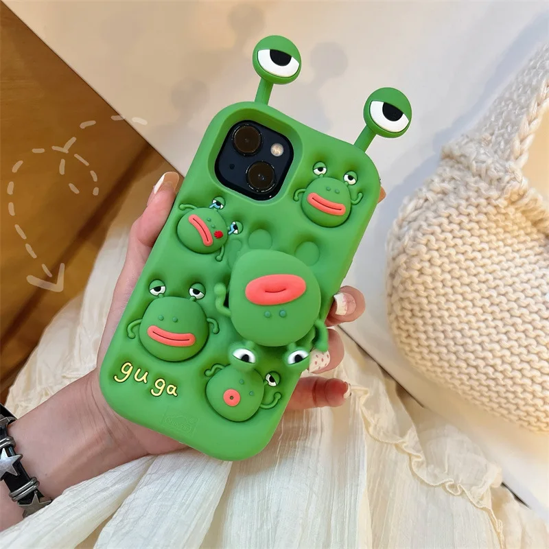 3D Augen Cartoon Frosch Silikon Teleskop Drehen Halterung Telefon Fall Für iPhone 15 14 16 13 12 Pro Max stoßfest Schutzhülle