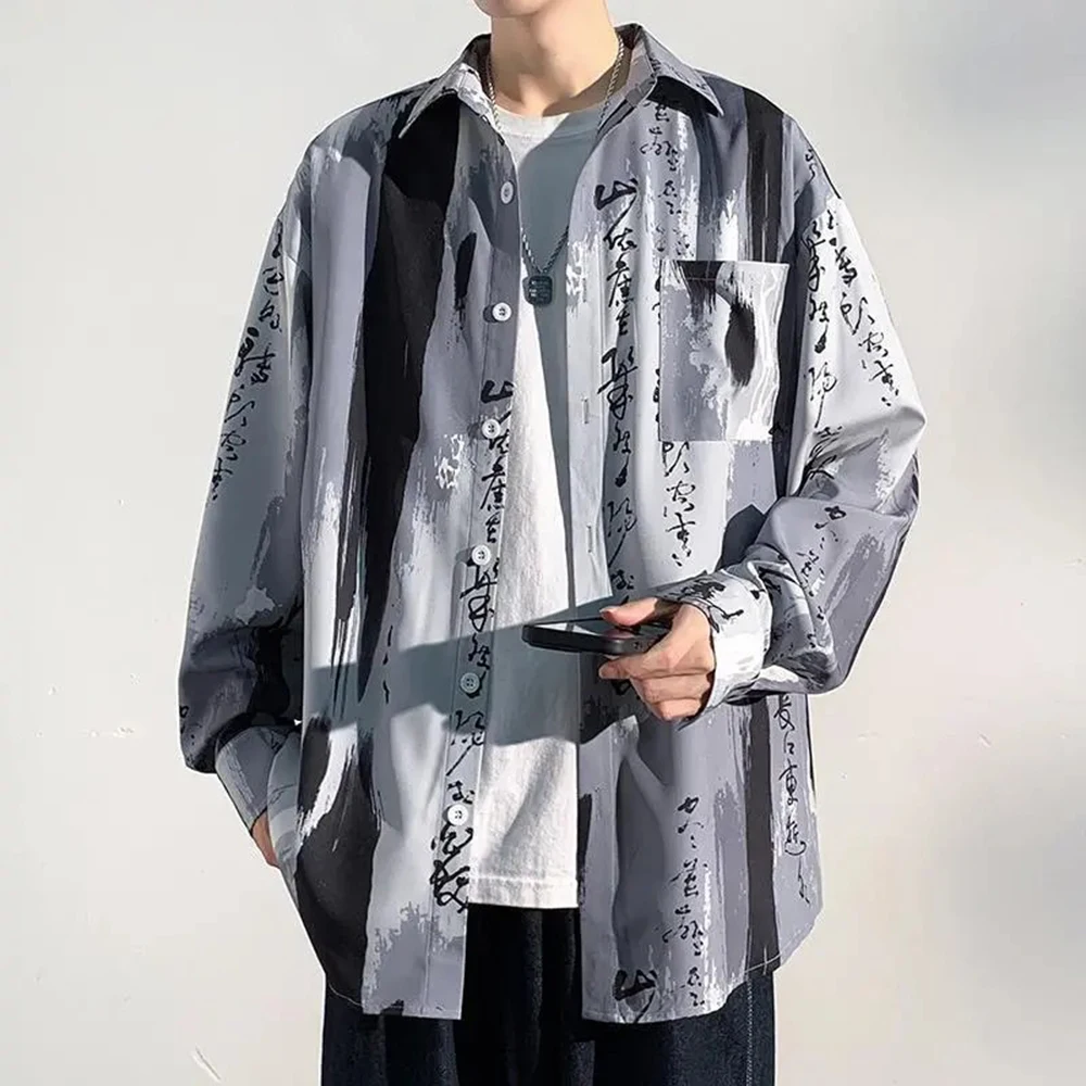 

2026 Spring New Men's Ink Painting Long-Sleeved Shirt Chinese Retro Fashion Trendy High Street Loose Casual Niche Men's Top