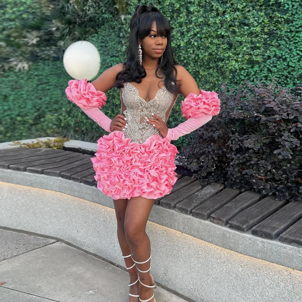 Sparkle คริสตัลซาตินชุดราตรีแอฟริกาผู้หญิง Ruffles ฉัตร Taffeta Mini Prom Party Dresses Aso Ebi ซาตินค็อกเทล Gowns