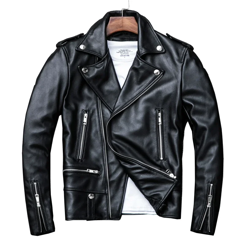 Chaqueta Perfecto clásica de primavera, chaquetas de motocicleta de cuero genuino para hombre, abrigo negro de piel de oveja de Nueva Zelanda, traje ajustado