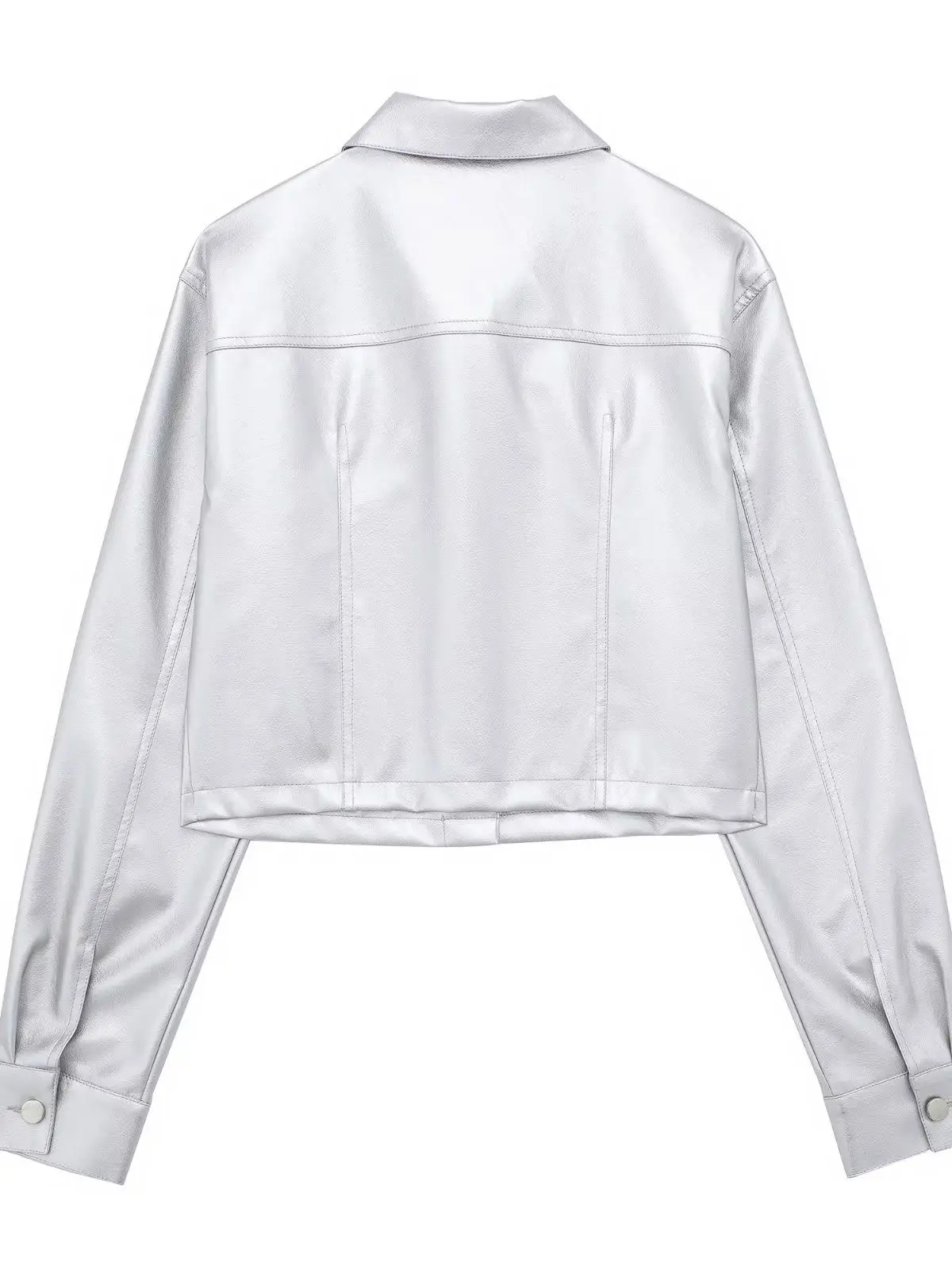 Silver PU Leather Jackets For Women Lapel Collar Fashion Autumn Streetwear Long Sleeve Single Breasted Cropped Jacket Outwear