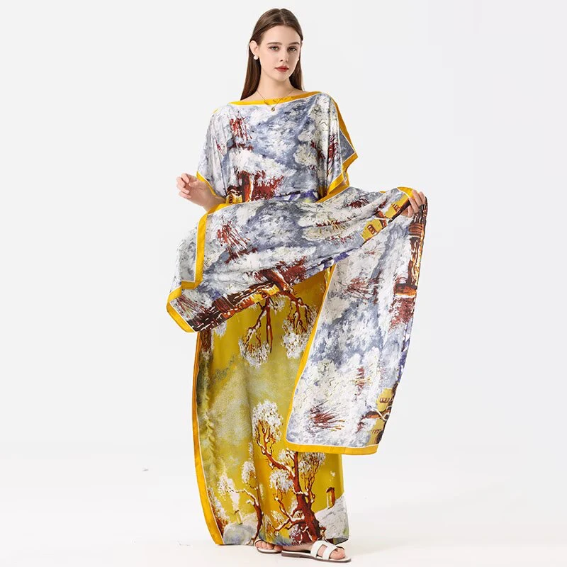 1 piece, colorful floral satin long dress, women's loose long dress, with the same color headscarf, fashionable beach robe