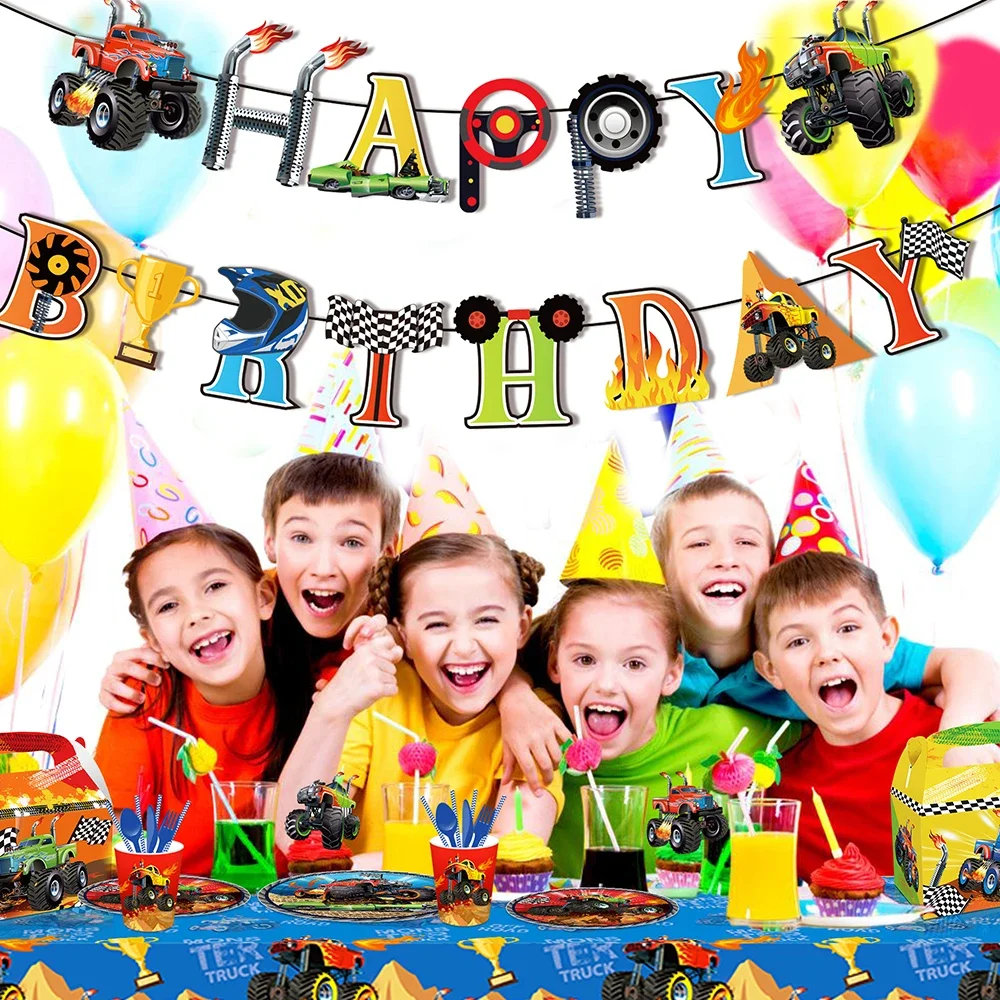 Boy Cartoon Racing Monster Truck Game Birthday Party Disposable Tableware Sets Banner Tablecovers Baby Shower Party Decorations