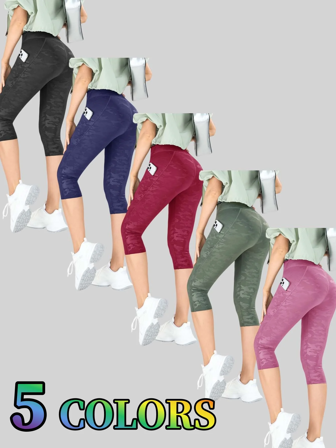 Multi Color Camouflage Printed High Rise Cropped Yoga Pants Pocket Design Elastic Tight Leggings For Running Gym Exercise