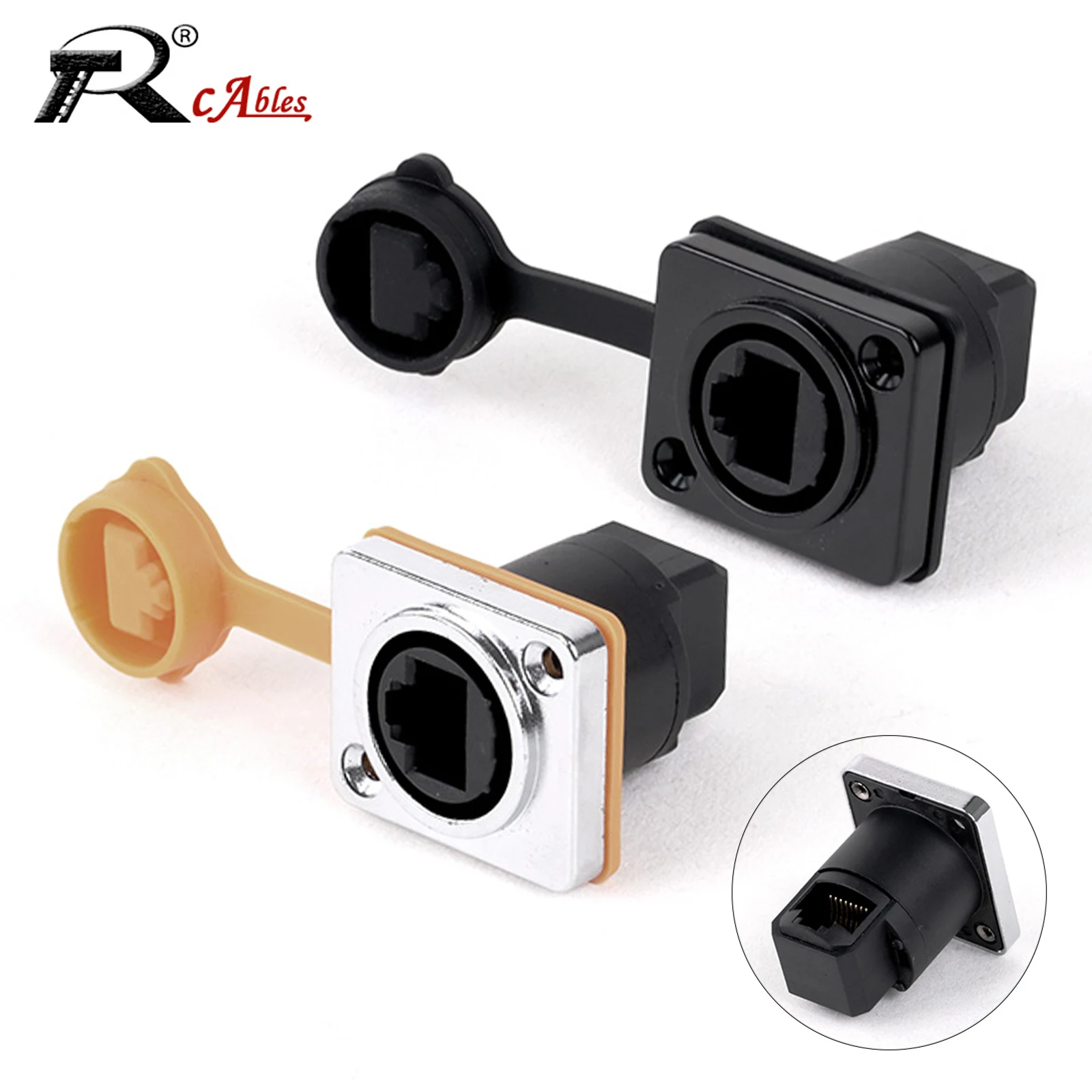 1PC Silver/Black 90 Degree RJ45 Waterproof IP65 Network Connector with Rubber Cover 8P8C D Type Panel Mount Socket No Buttons