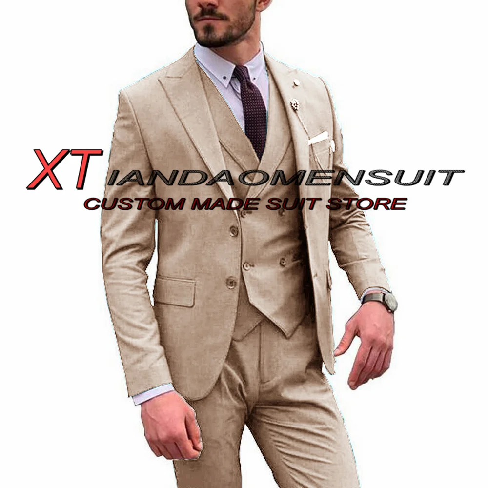 

Khaki Men's Suit Wedding Groom Tuxedo Three Piece Formal (Blazer + Pants + Vest) Custom Homme Slim Fit Jacket Set