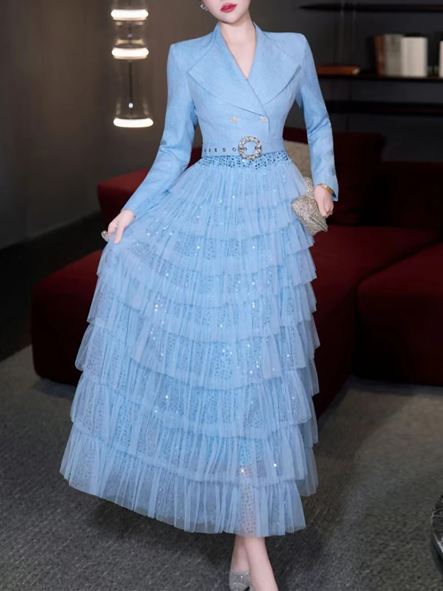 Vgh escritório elegante retalhos lantejoulas vestidos para mulheres lapela manga longa cintura alta emendado em camadas malha festa bolo vestido feminino