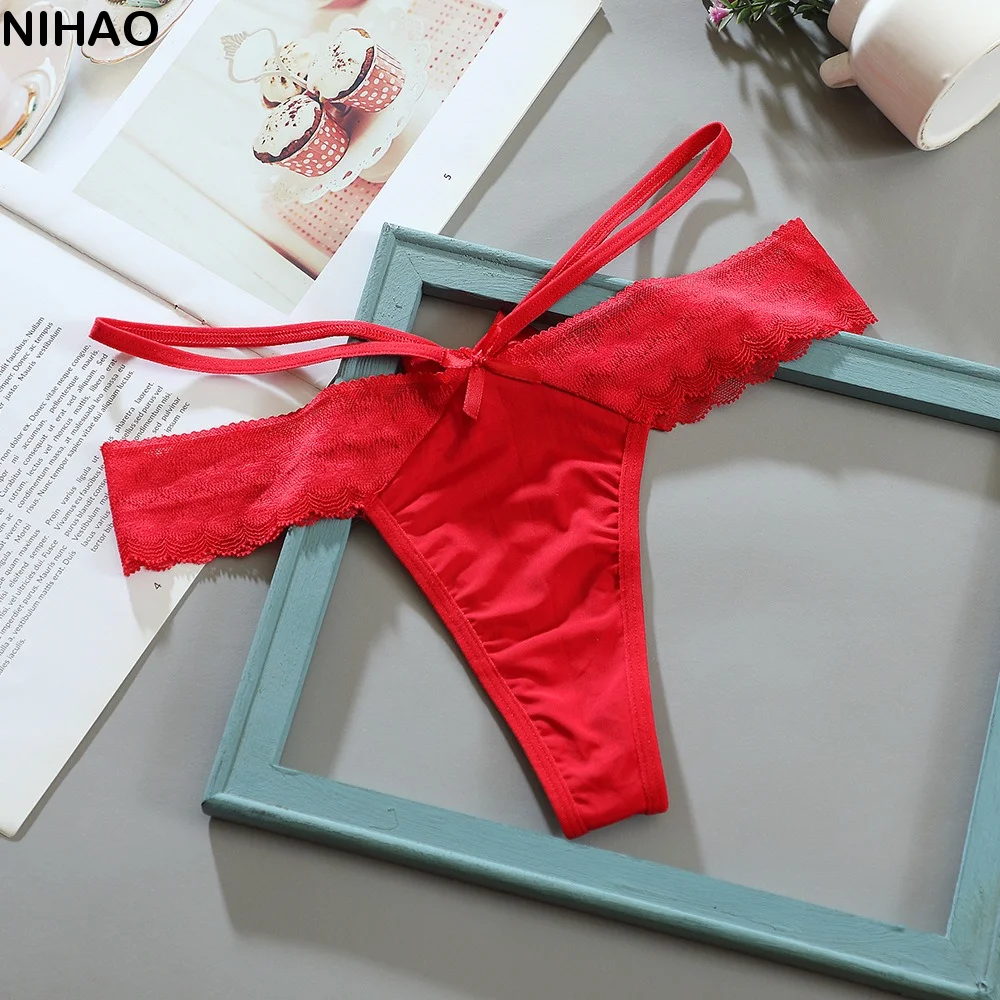 Sweet Thong Lace Bikini Panties Transparent Mesh Underwear for Women Ice Silk Low Waist Lace Bow Briefs Girl