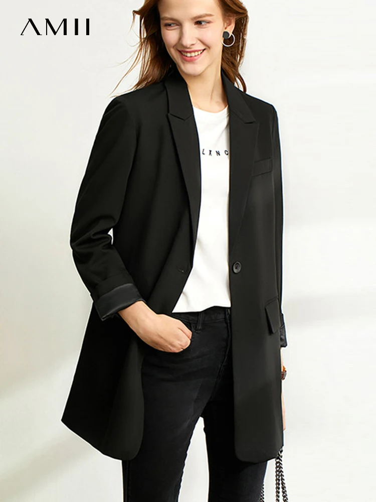 AMII Minimalism Blazer for Women Korean 2023 Sping New Loose Office Lady Women\'s Jacket Fashion Black Solid Female Coat 12321065