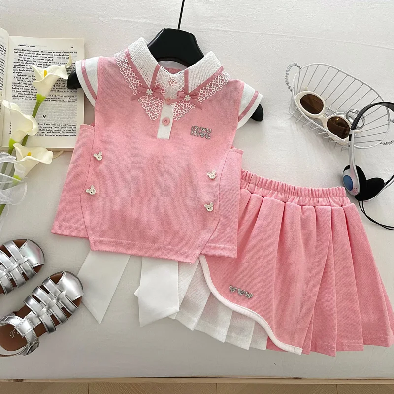 

New Summer Sweet Outfit for Girls, Stylish Baby Girl Lace SetpoloCollared top and pleated skirt two-piece set