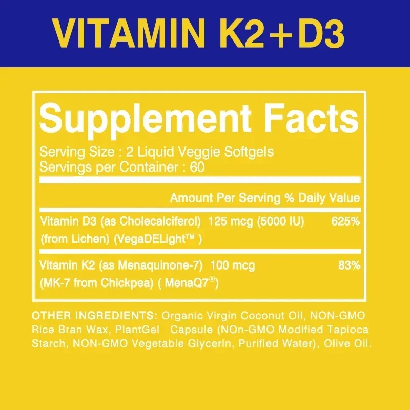 Vitamin D3 + K2 Capsules - Contains Coconut Oil, Supports Bone and Joint Health, Promotes Absorption, and Enhances Immunity