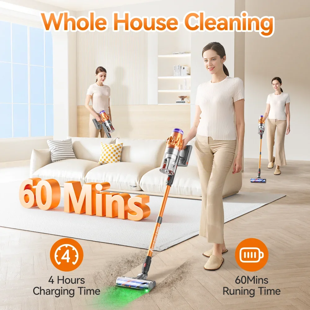 E.LUO 350W Cordless Vacuum Cleaner 30kPa Suction Power Brushless Vacuum 0.8L Capacity LED Display for Floor Carpet Pet Hair