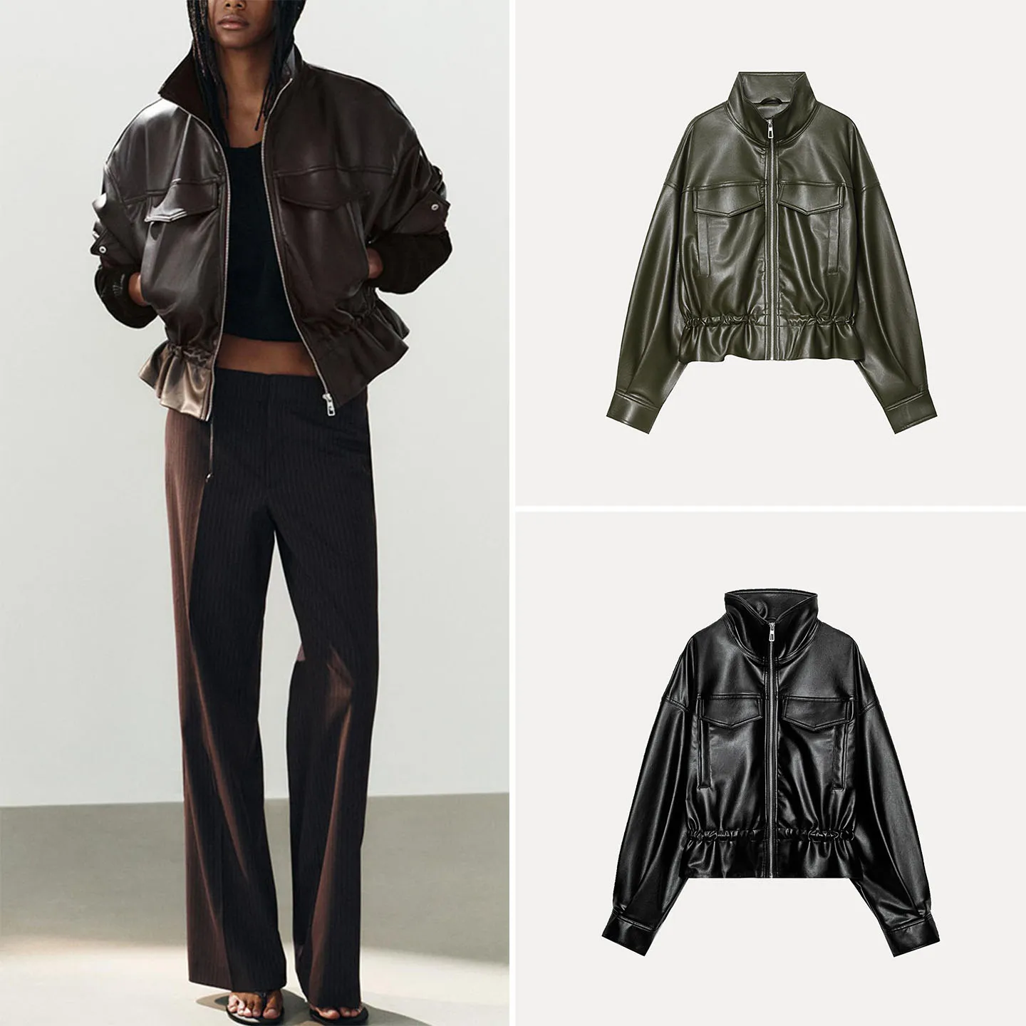 Adjustable Waist Long Sleeve Stand Collar Multi-Color Women's Jacket Casual Style Loose Fit Zipper Closure Autumn Outerwear