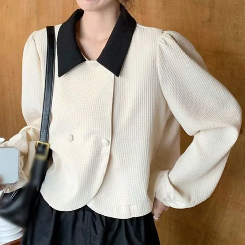 French Style Long Sleeved Lapel Shirt for Women in Spring Autumn 2024 New Loose Short Blouse Inner Lining Shirt Outer Top