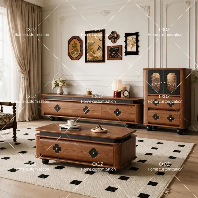 Solid Wood TV Cabinet Retro Floor Storage Unit Living Room Media Console Small Apartment Entertainment Center Vintage Style
