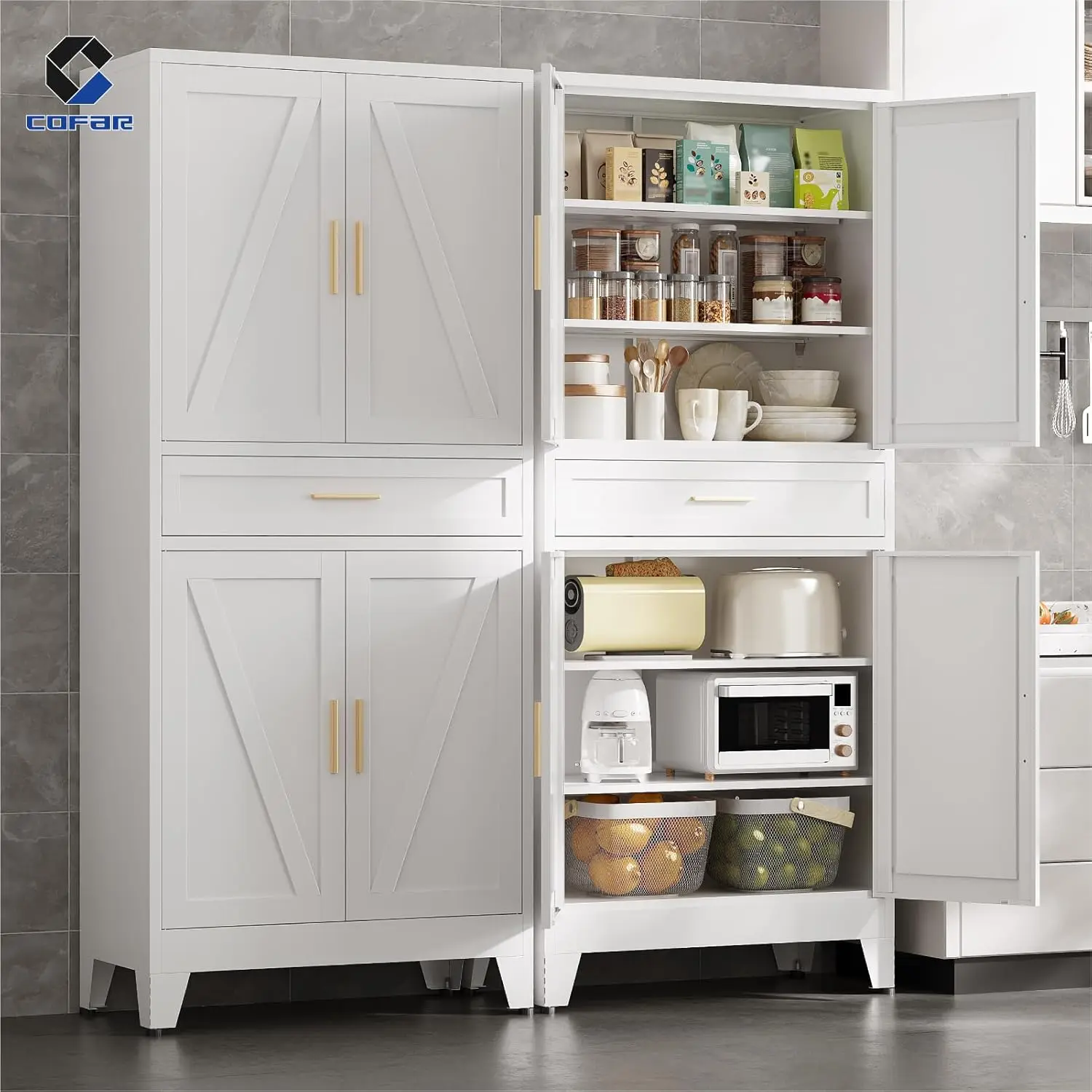 71 in Tall Kitchen Pantry Cabinet with Drawer, Metal Pantry Storage Cabinet with 4 Adjustable Shelves and 4 Barn Doors, White