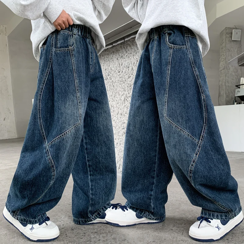 

Spring Autumn Kids Retro Blue Baggy Carpenter Jeans For Teenage Boy Patchwork Denim Pants School Child Solid Wide Jeans Trousers