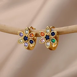 Colored Flower Earrings for Women Cubic Zirconia Stainless Steel Hoop Earrings 2024 Trend Luxury Aesthetic Jewelry aretes mujer